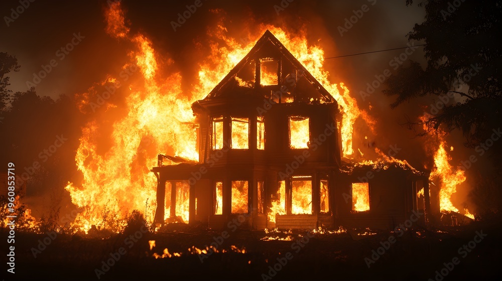 A haunted-looking house ablaze at night, with flames pouring out of broken windows