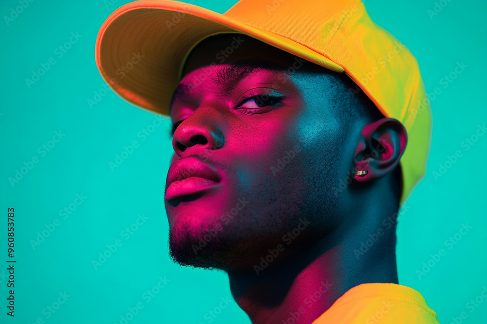 Fashion Portrait of Men in Bright Yellow Cap with Solid Neon Teal Background Bold Lifestyle Look with Modern Appeal Fashion Portrait of Men in Bright Yellow Cap with Solid Neon Teal Background Bold Lifestyle Look with Modern Appeal