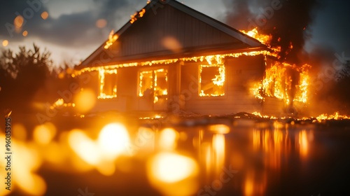 A home burning at night, distant family figures, emotional distress, glowing embers and orange flames, moody and somber, cinematic photography style, focused for insurance purposes