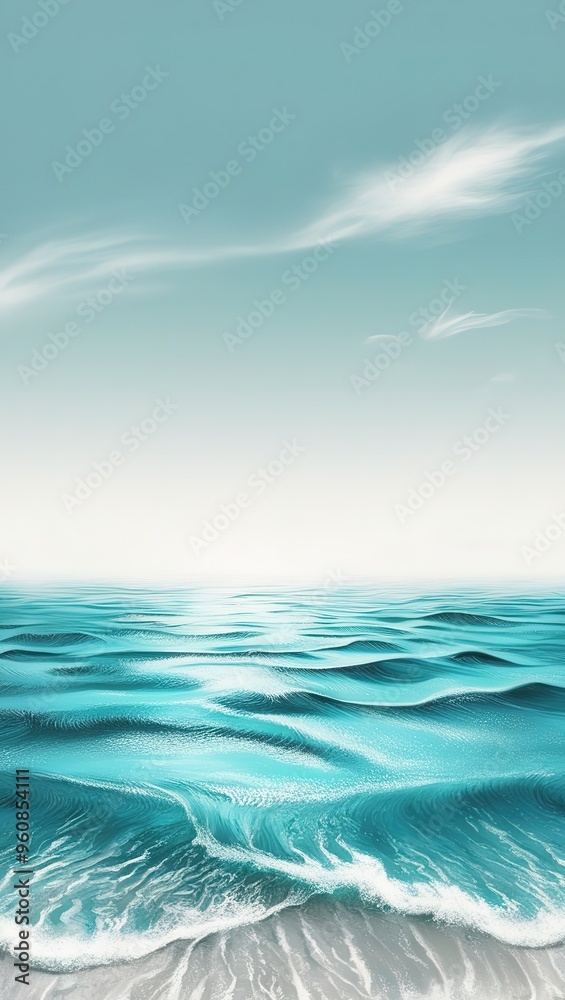 Fototapeta premium Calm turquoise ocean waves gently lapping on a sandy beach under a soft blue sky with wispy clouds, concept for summer vacation, coastal relaxation and serene natural beauty