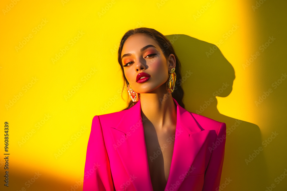 Modern Womans Bright Pink Blazer with Solid Neon Yellow Background Fashionable Lifestyle Portrait with Vibrant Style Modern Womans Bright Pink Blazer with Solid Neon Yellow Background Fashionable Lifestyle Portrait with Vibrant Style