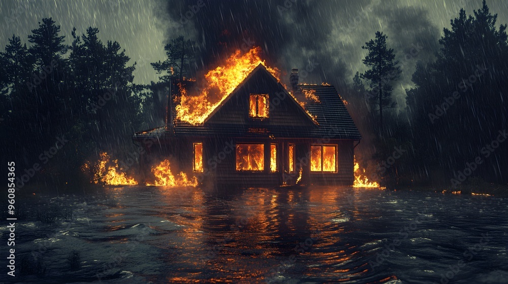 A house fire at night under a relentless rainstorm, the fire and water contrasting, wet surfaces reflecting flames, intense mood, hyperrealistic, designed for insurance imagery A house fire at night under a relentless rainstorm, the fire and water contrasting, wet surfaces reflecting flames, intense mood, hyperrealistic, designed for insurance imagery