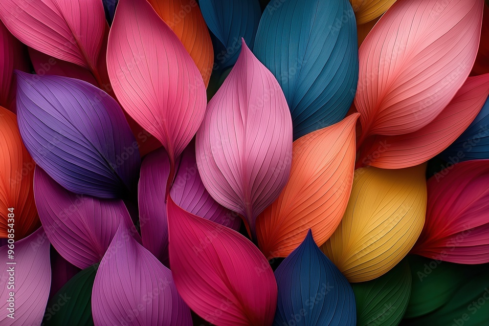 Colorful, textured leaves with intricate shading overlap in vibrant illustration. Colorful, textured leaves with intricate shading overlap in vibrant illustration.