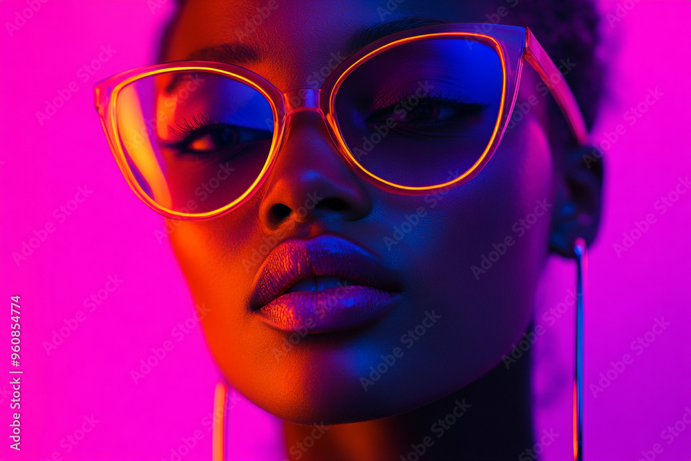 Trendsetting Womans Neon Purple Eyewear with Solid Neon Coral Background Fashionable Lifestyle Portrait with Modern Appeal Trendsetting Womans Neon Purple Eyewear with Solid Neon Coral Background Fashionable Lifestyle Portrait with Modern Appeal