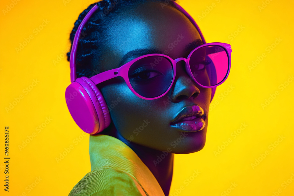 Stylish Woman in Neon Pink Headphones with Solid Neon Yellow Background Trendy Lifestyle Portrait with Bold Colors Stylish Woman in Neon Pink Headphones with Solid Neon Yellow Background Trendy Lifestyle Portrait with Bold Colors