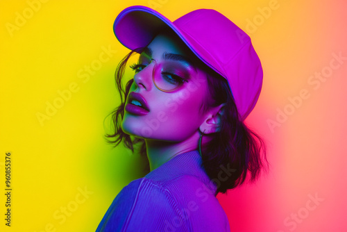 Fashion Portrait of Woman in Neon Purple Cap with Solid Neon Yellow Background Trendsetting Lifestyle Look with Modern Appeal