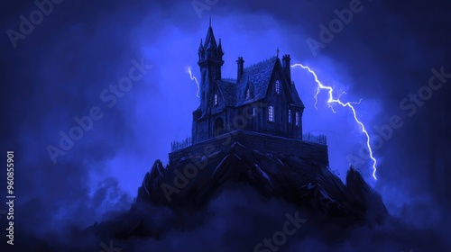 Cartoon haunted mansion on a hill with lightning flashing in the background and creepy fog swirling around