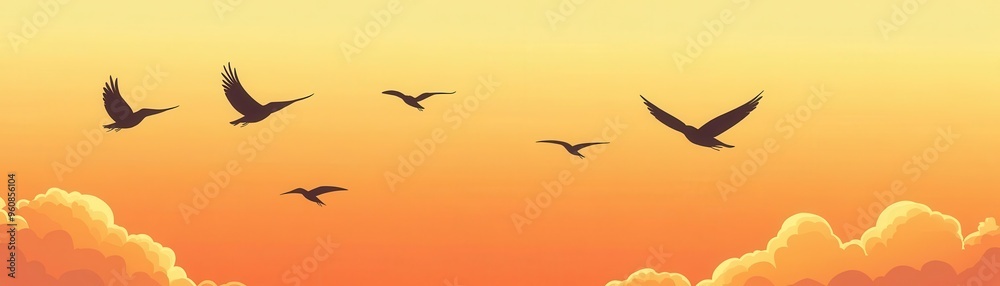 Group of birds soaring high under a mellow autumn sky, orange-tinged clouds, simple flat design, animation-ready Group of birds soaring high under a mellow autumn sky, orange-tinged clouds, simple flat design, animation-ready