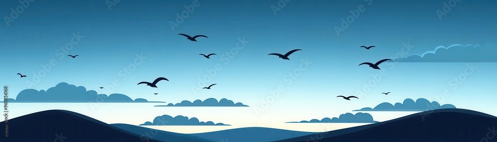 Obraz premium Migrating birds under a twilight autumn sky, dusky blue clouds, clean flat design, animation-inspired