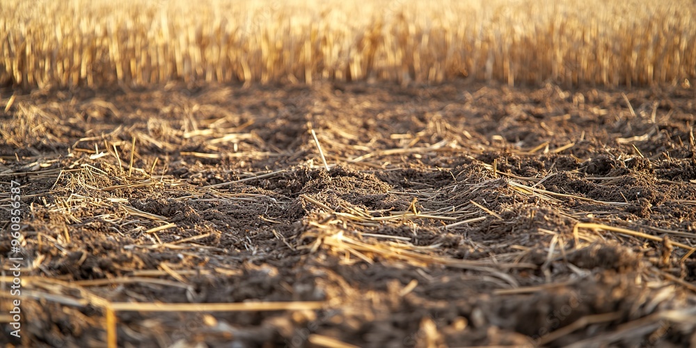 Fototapeta premium Close-up photo of stubble left in a field after wheat harvest, stubble, field, wheat, harvest, close-up, agriculture 