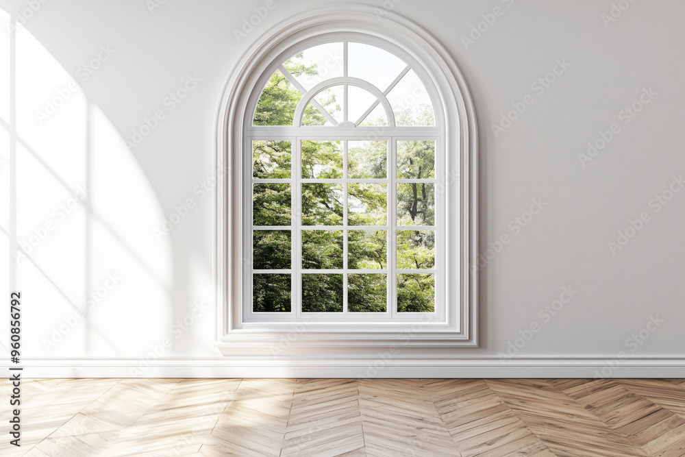 Fototapeta premium Spacious bright living room with arched windows, light-colored walls and wooden parquet flooring