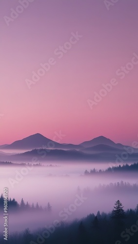 Misty mountains at sunrise with a dreamy purple sky, phone background wallpaper, ai generated