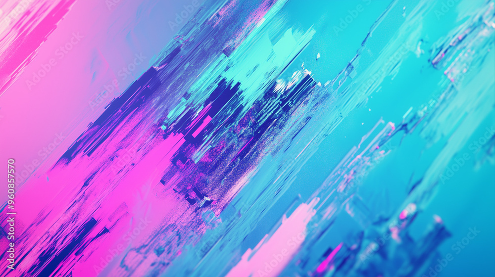 Naklejka premium Tło w odcieniach błękitu, mięty i różu tworzy fascynujący obraz w estetyce futurystycznej. Wzory przypominające zniekształcenia nadają całości cyberpunkowy klimat.