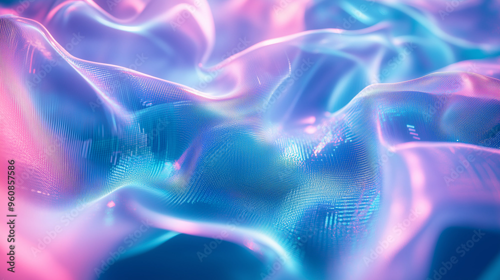 Naklejka premium Tło w odcieniach błękitu, mięty i różu tworzy fascynujący obraz w estetyce futurystycznej. Wzory przypominające zniekształcenia nadają całości cyberpunkowy klimat.
