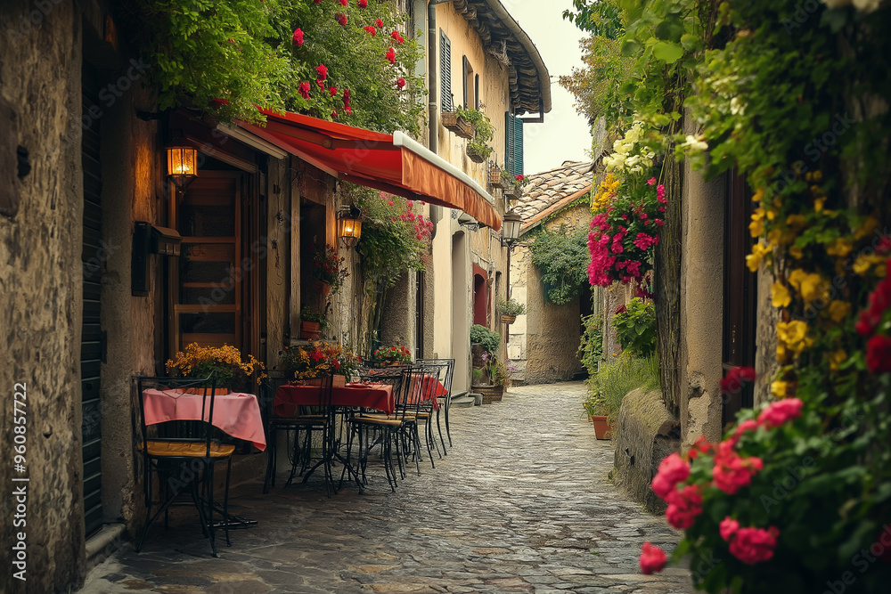 Fototapeta premium a small Italian street between colorful Italian houses and atmospheric European cafes, generative AI