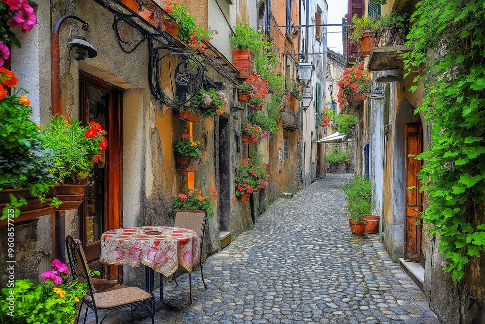 Obraz premium a small Italian street between colorful Italian houses and atmospheric European cafes, generative AI