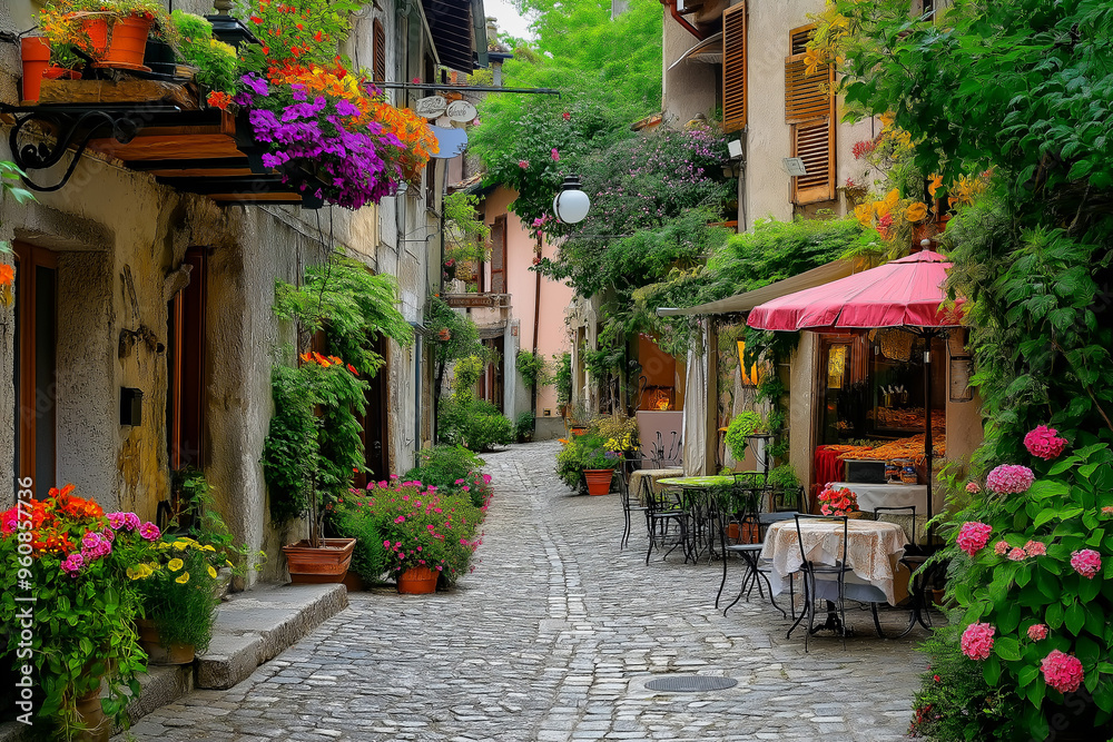 Fototapeta premium a small Italian street between colorful Italian houses and atmospheric European cafes, generative AI