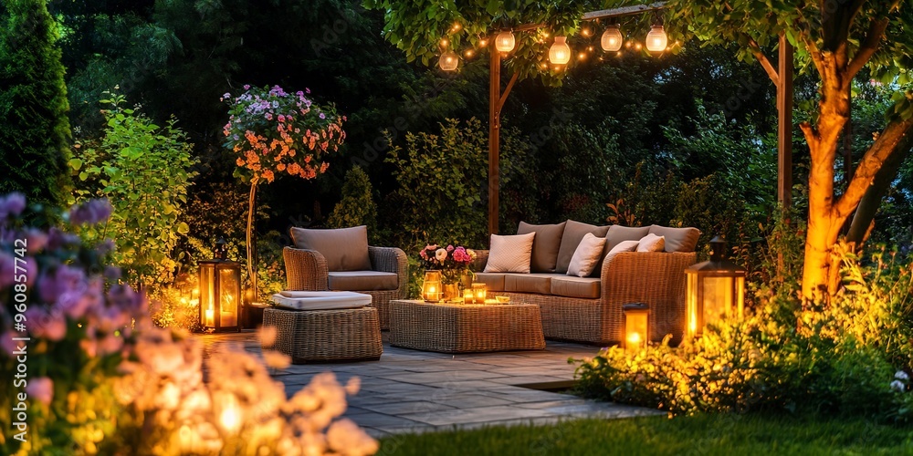 inviting outdoor living space in lush garden cozy summer evening on patio with flowers and lanterns inviting outdoor living space in lush garden cozy summer evening on patio with flowers and lanterns