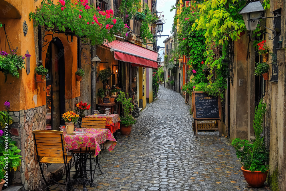 Fototapeta premium a small Italian street between colorful Italian houses and atmospheric European cafes, generative AI