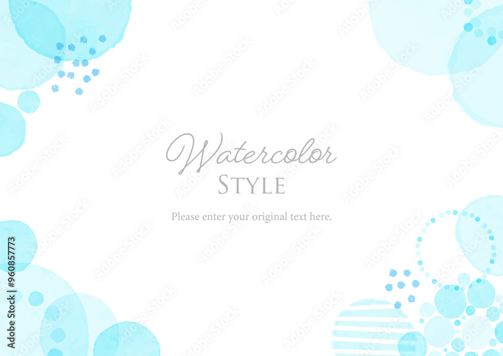 おしゃれな水玉と花の水彩フレーム青