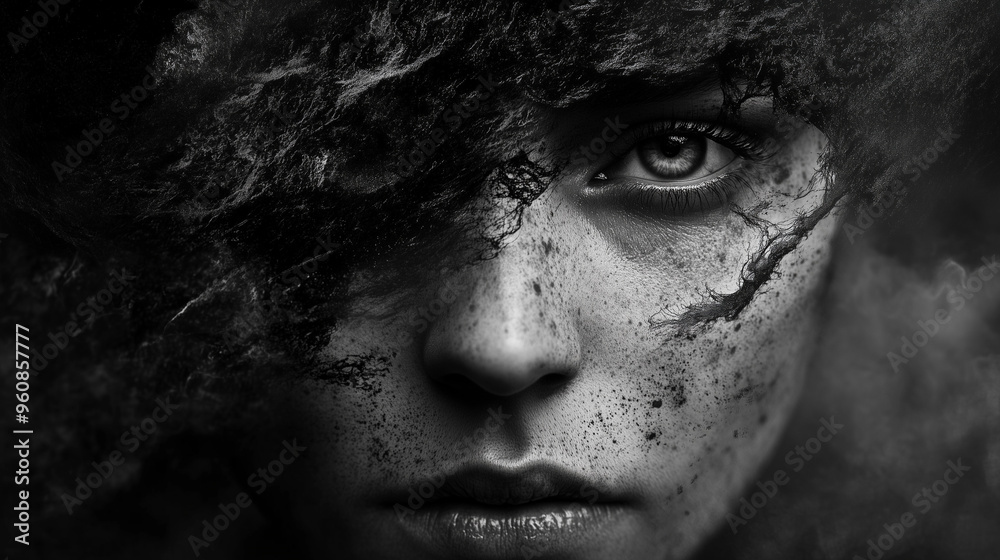 Fototapeta premium Monochromatyczny portret w czerni i bieli, który wprowadza elementy surrealizmu do przedstawienia ludzkiej postaci. 