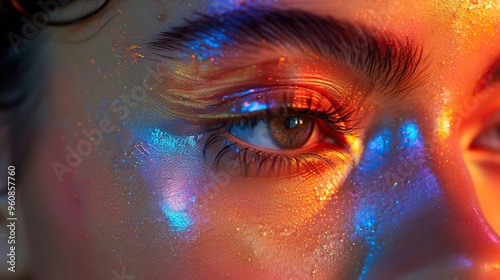 Woman face with rainbow light. Neon portrait. Beautiful girl. Glitched female face. Beauty art for fashion with young model. Blue, pink, red color. Colorful background with shadow.