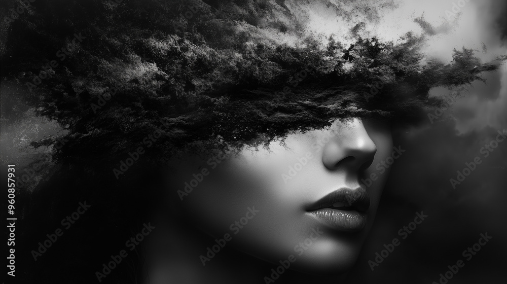 Obraz premium Monochromatyczny portret w czerni i bieli, który wprowadza elementy surrealizmu do przedstawienia ludzkiej postaci. 