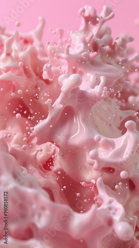 Pink liquid splash with bubbles on a pink background.