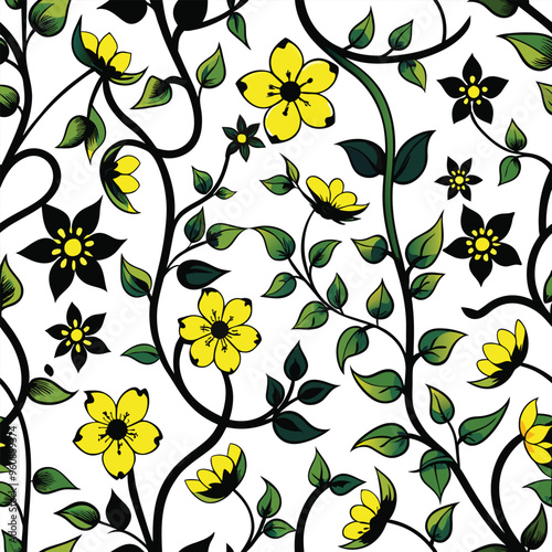 A seamless pattern showcases intricate black vines intertwined with bright yellow flowers set against a fresh white background that enhances its beauty