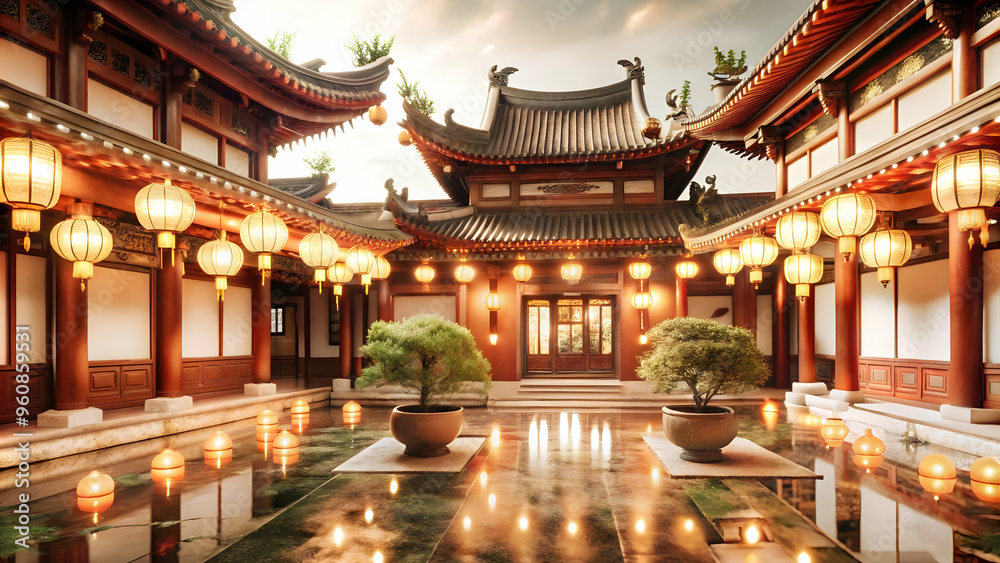 3D Glossy Temple Courtyard with Lanterns for Mid Autumn Festival Concept - Peaceful and Sacred Illumination of a Temple Courtyard for Mid Autumn Festival Celebration. 3D Glossy Temple Courtyard with Lanterns for Mid Autumn Festival Concept - Peaceful and Sacred Illumination of a Temple Courtyard for Mid Autumn Festival Celebration.