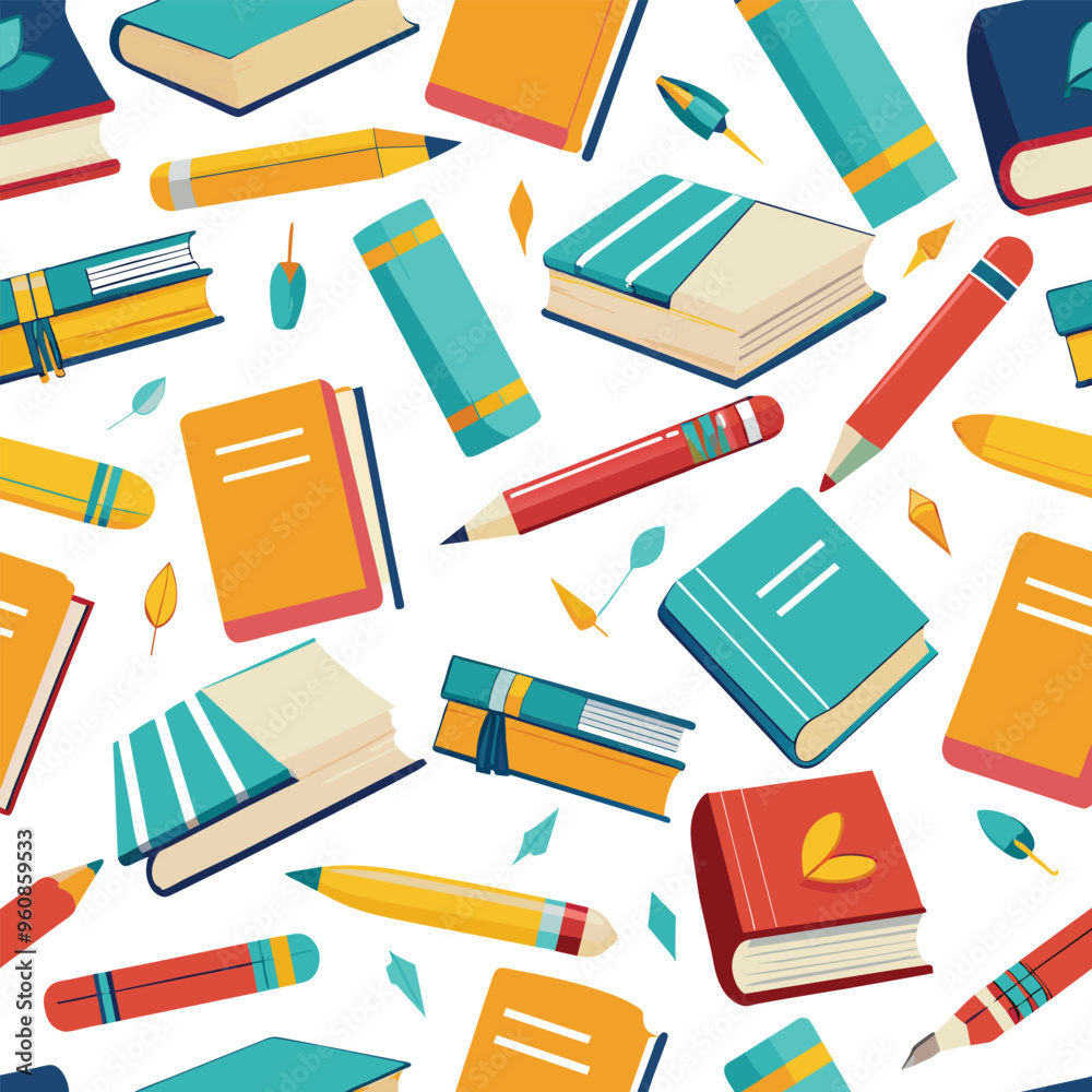A vibrant pattern showcases various books and pens on a white background perfect for enhancing stationery educational resources or creative artwork A vibrant pattern showcases various books and pens on a white background perfect for enhancing stationery educational resources or creative artwork