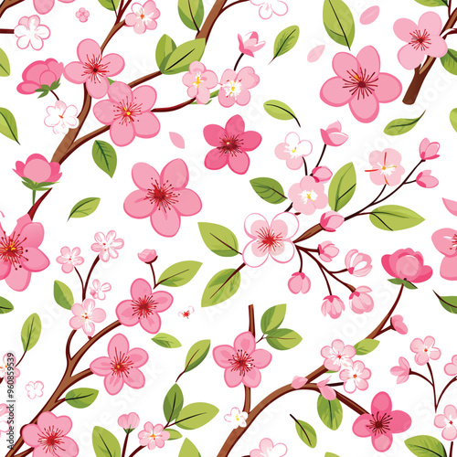 This seamless pattern features lovely pink cherry blossoms and green leaves on a crisp white background ideal for spring decor