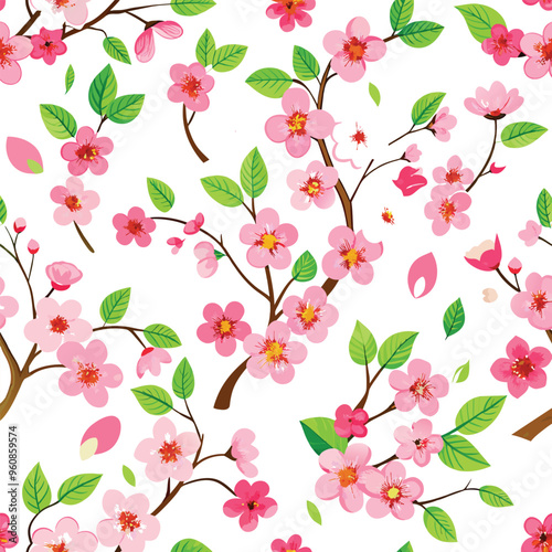 Wallpaper Mural Delicate cherry blossoms and lush green leaves create a seamless pattern perfect for textiles wallpapers and spring themed decorations Torontodigital.ca