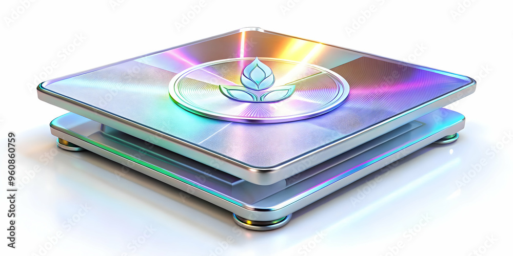 Glossy Holographic Balance with Labh Pancham Symbol - 3D Icon with Copy Space, Glowing Reflection on White Background Glossy Holographic Balance with Labh Pancham Symbol - 3D Icon with Copy Space, Glowing Reflection on White Background