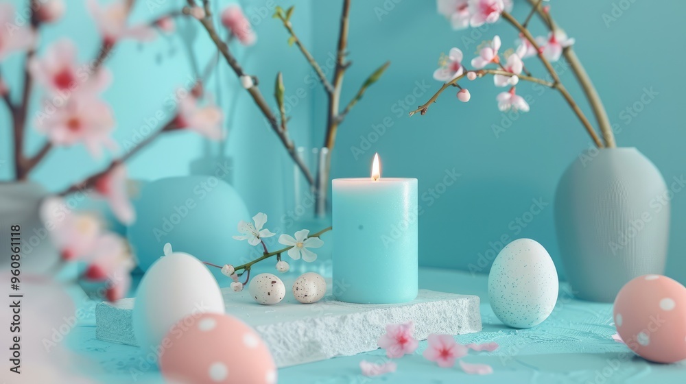 Easter-themed decor with eggs, candle, cup, and blister on light blue backdrop. Innovative advertising ideas. Viewing from the front Easter-themed decor with eggs, candle, cup, and blister on light blue backdrop. Innovative advertising ideas. Viewing from the front