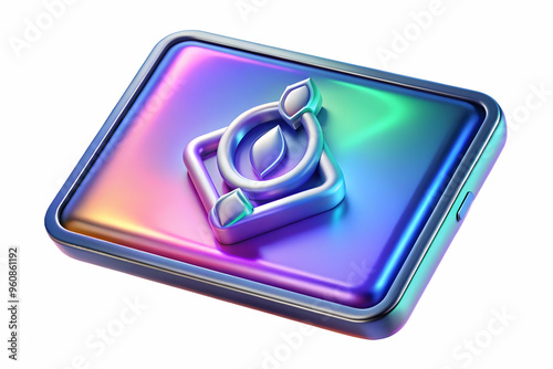 Futuristic 3D Holographic Tablet with Labh Pancham Symbol and Copy Space Concept - Glowing holographic tablet with Labh Pancham symbol above white background, emphasizing spacious copy space and refle photo