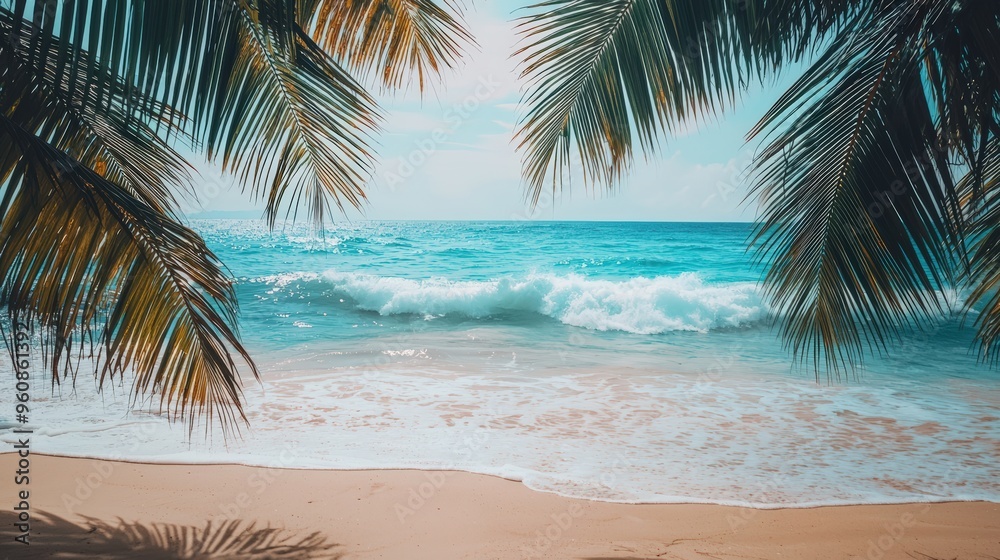 Calm turquoise waters and soft waves washing onto a sandy beach, framed by tall palm trees