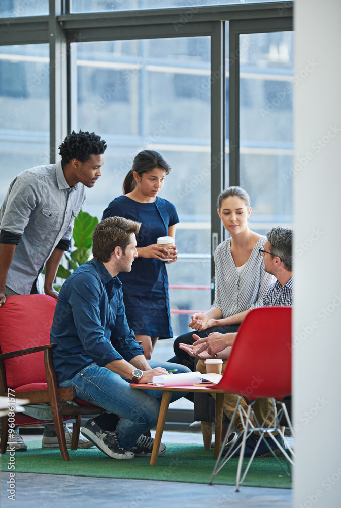 Fototapeta premium Business people, paperwork and startup in workspace for collaboration, talking and creative idea. Documents, brainstorming and partnership in workplace for teamwork, strategy or pitch with diversity