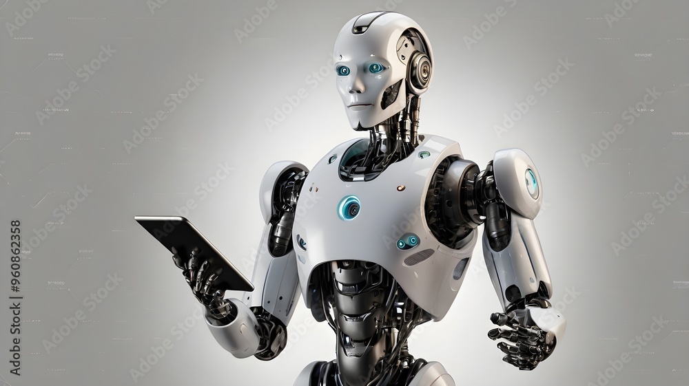Ai robot using tablet isolated on transparency background Ai robot using tablet isolated on transparency background