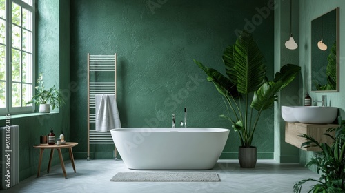 Contemporary bathroom with energy-efficient heating and smart home features, promoting a green lifestyle