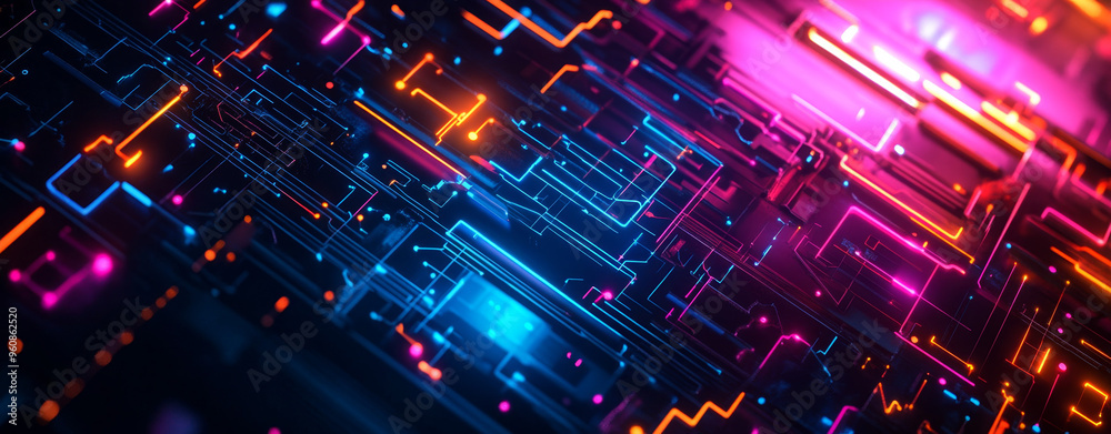 Abstract digital background with glowing geometric shapes and lines, creating an immersive cyberpunk atmosphere Abstract digital background with glowing geometric shapes and lines, creating an immersive cyberpunk atmosphere