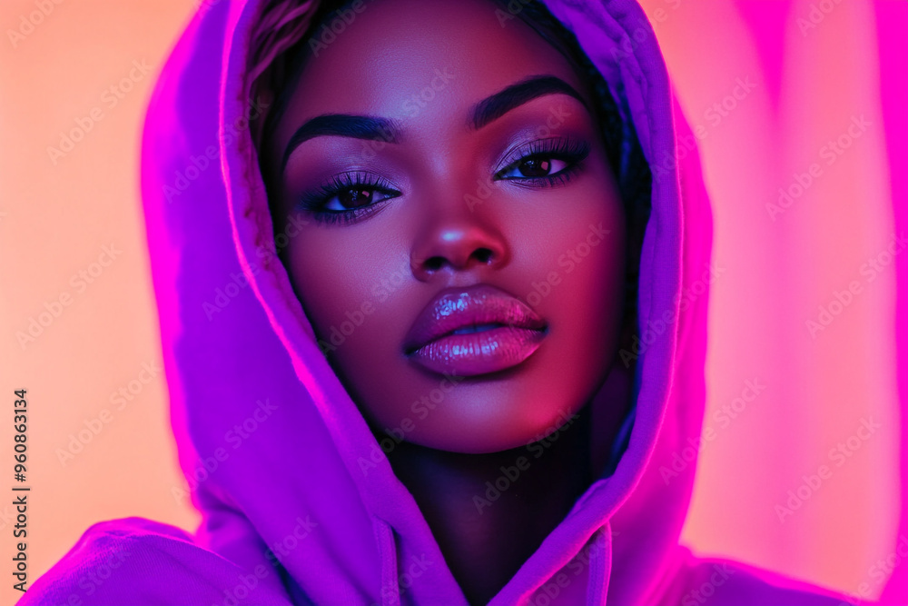 Stylish Womans Neon Purple Hoodie with Solid Neon Coral Background Trendsetting Fashion Portrait with Vibrant Colors Stylish Womans Neon Purple Hoodie with Solid Neon Coral Background Trendsetting Fashion Portrait with Vibrant Colors