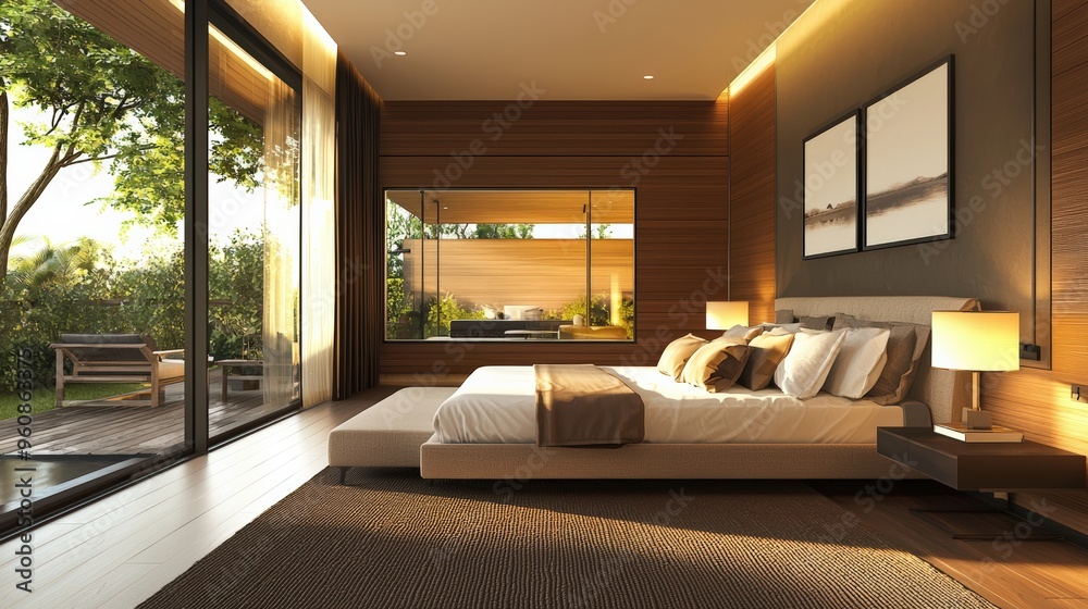Fototapeta premium Contemporary bedroom with solar-powered lighting and temperature control, reducing energy consumption