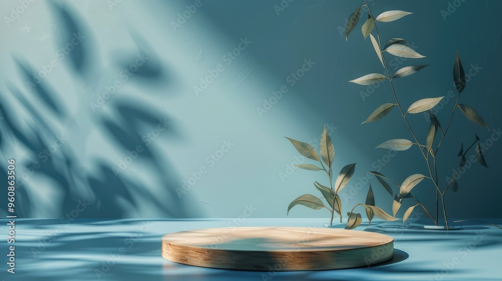 Wood podium with leaves shadows on blue background for product presentation. Wood podium with leaves shadows on blue background for product presentation.