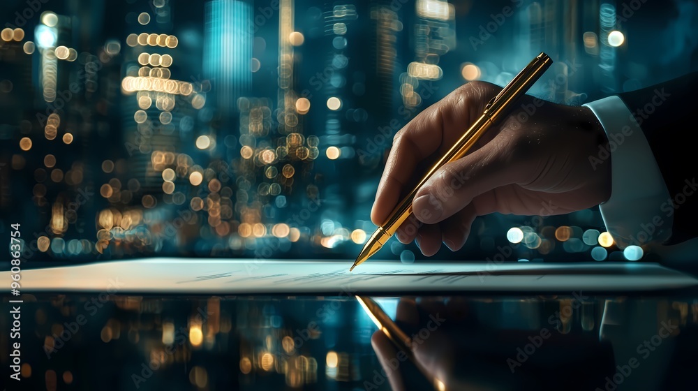 Hand signing a document with a golden pen. Hand signing a document with a golden pen.
