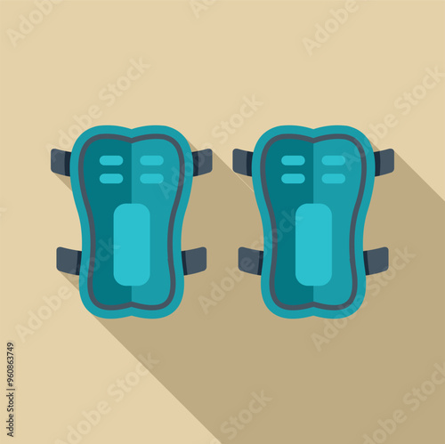 Pair of blue shin guards is protecting legs during soccer game, flat vector illustration with long shadow