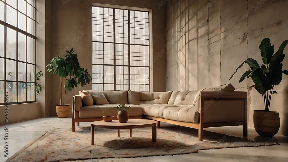 Fototapeta premium Beige sofa next to a stucco wall, facing a grid window. Modern living room interior design with a bohemian touch.