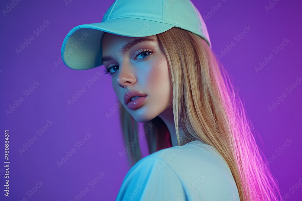 Modern Womans Mountain Green Cap with Solid Neon Purple Background Fashionable Portrait with Vibrant and Trendsetting Style Modern Womans Mountain Green Cap with Solid Neon Purple Background Fashionable Portrait with Vibrant and Trendsetting Style