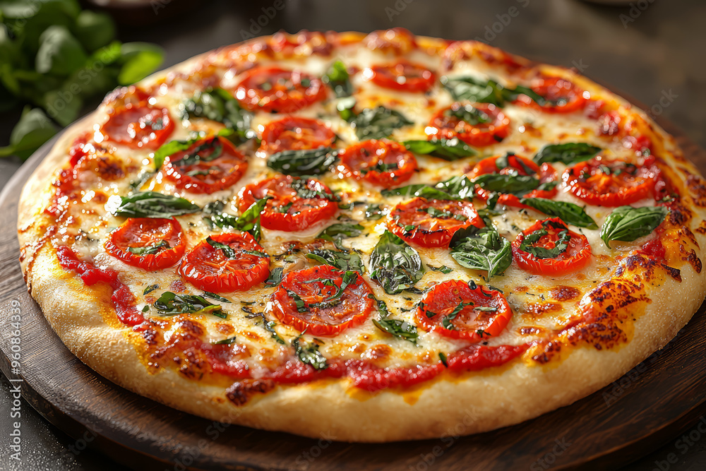 A rustic Italian pizza topped with melted cheese, tomatoes, and basil, showcasing the classic flavors and artisanal approach to pizza making. A rustic Italian pizza topped with melted cheese, tomatoes, and basil, showcasing the classic flavors and artisanal approach to pizza making.