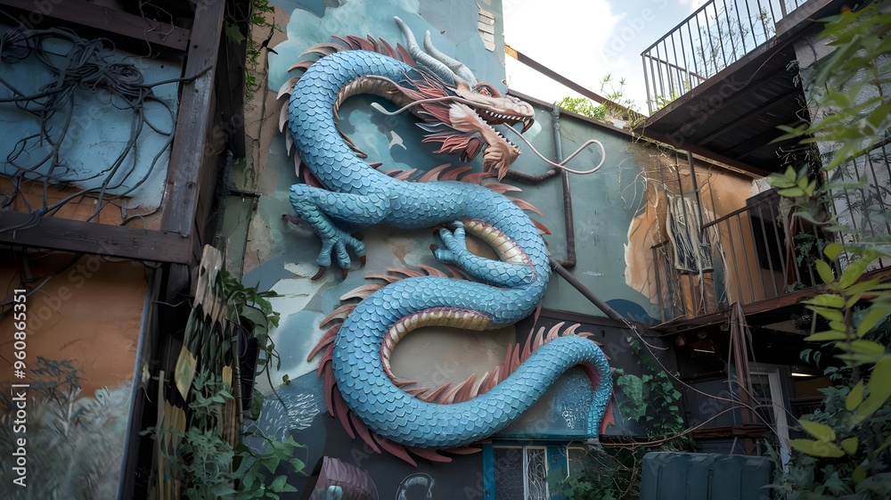 Fototapeta premium Colorful Dragon Graffiti on Dilapidated Building with Overgrown Plants